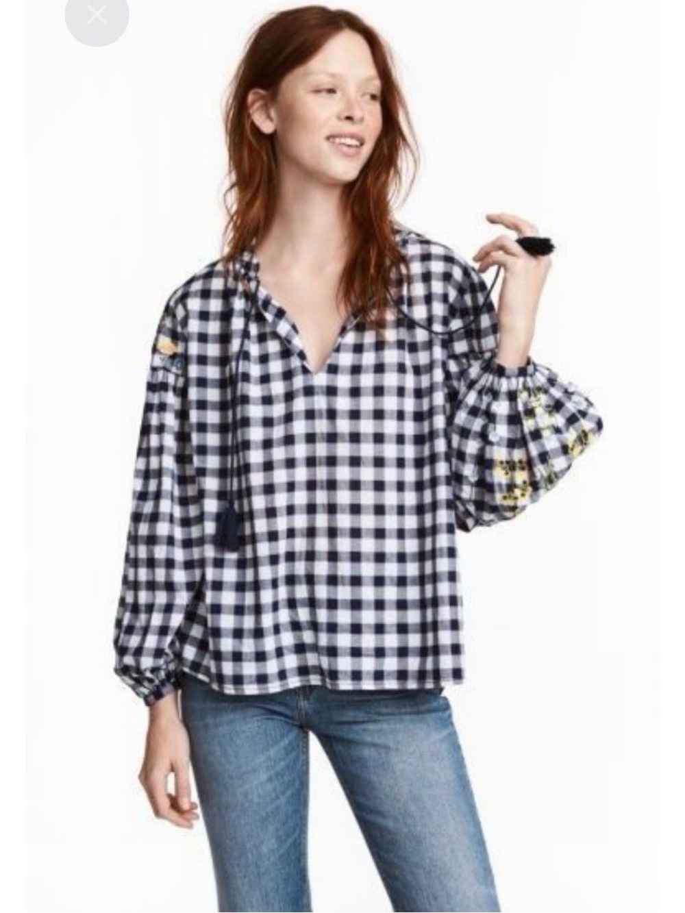H&M Navy and White Plaid Embroidred Peasant Tunic with Tassel Ties Sz 14